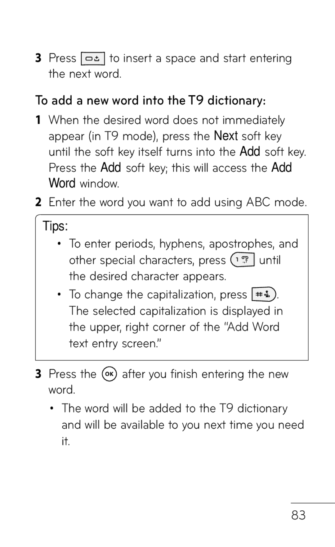 LG Electronics GD570 manual To add a new word into the T9 dictionary, Tips 