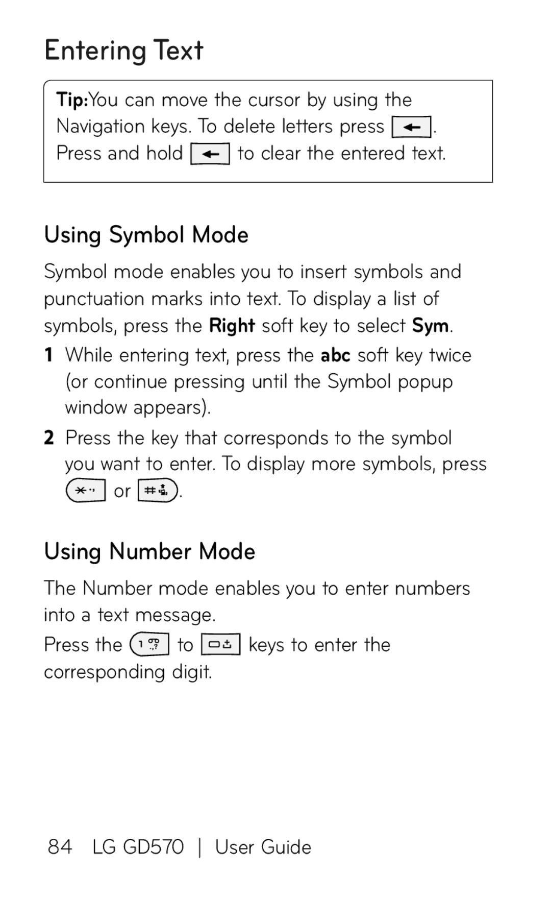 LG Electronics GD570 manual Using Symbol Mode, Using Number Mode 