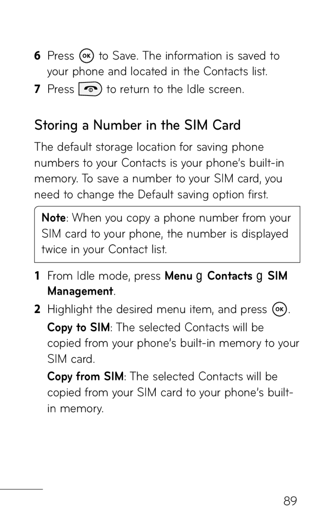 LG Electronics GD570 manual Storing a Number in the SIM Card 