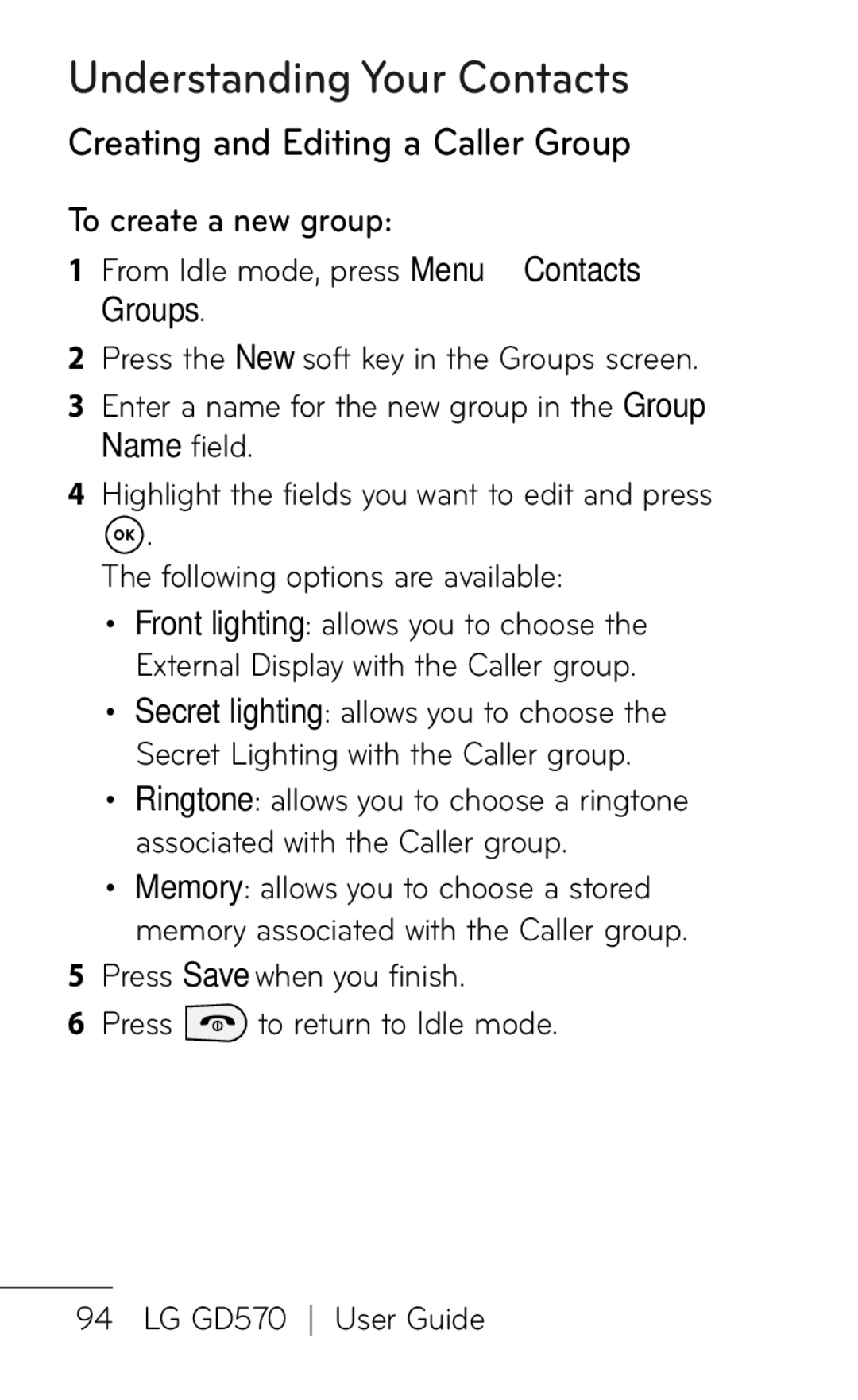 LG Electronics GD570 manual Creating and Editing a Caller Group, To create a new group 