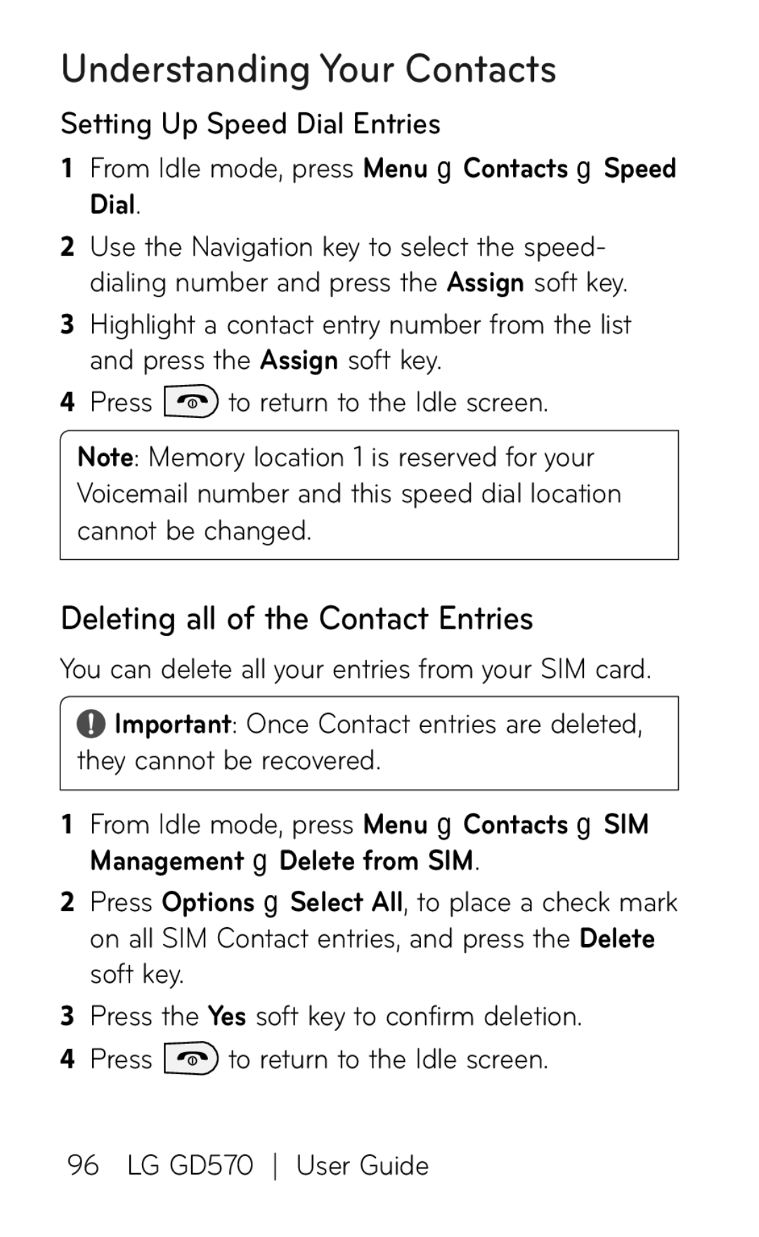 LG Electronics GD570 manual Deleting all of the Contact Entries, Setting Up Speed Dial Entries 