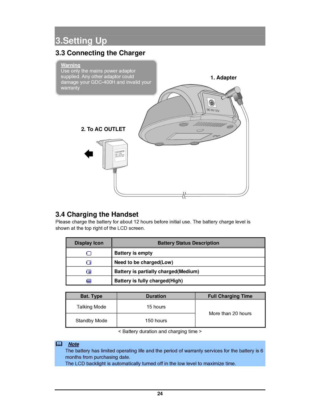 LG Electronics GDC-400 user manual Connecting the Charger, Charging the Handset 