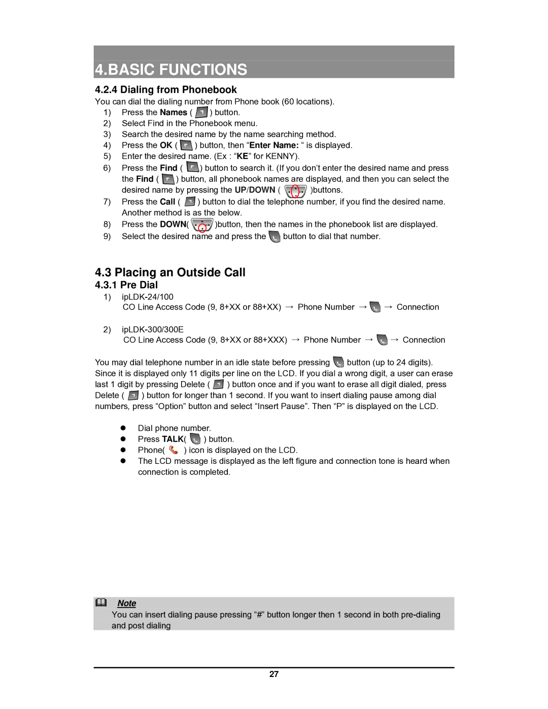 LG Electronics GDC-400 user manual Placing an Outside Call, Dialing from Phonebook, Pre Dial 