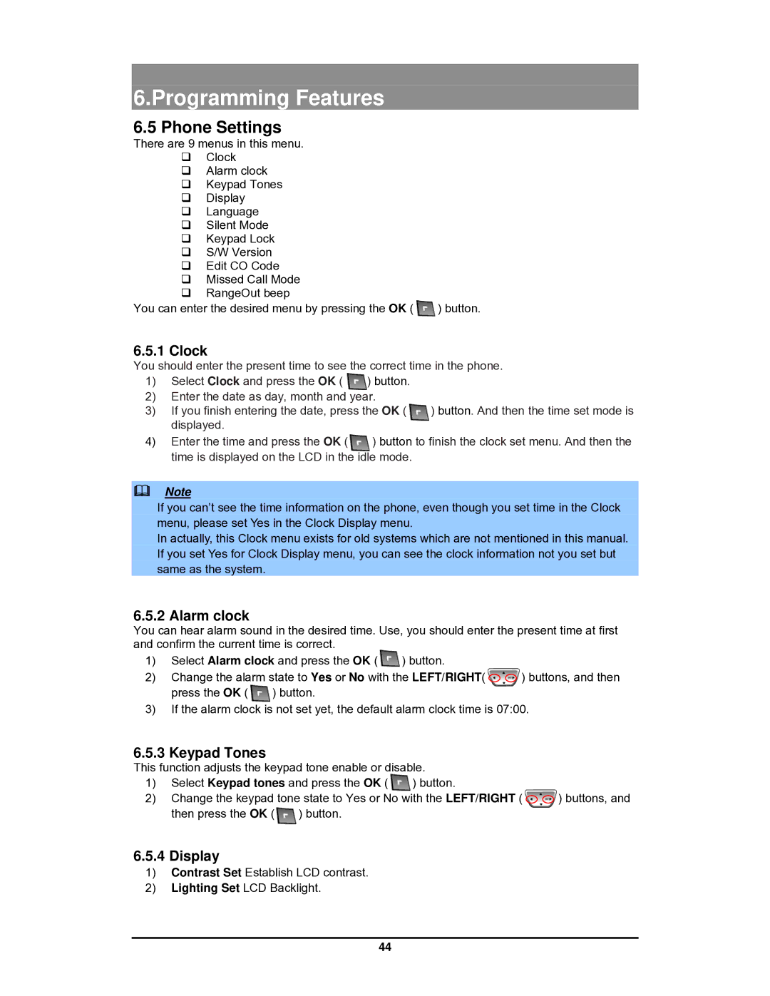 LG Electronics GDC-400 user manual Phone Settings, Clock, Alarm clock, Keypad Tones, Display 