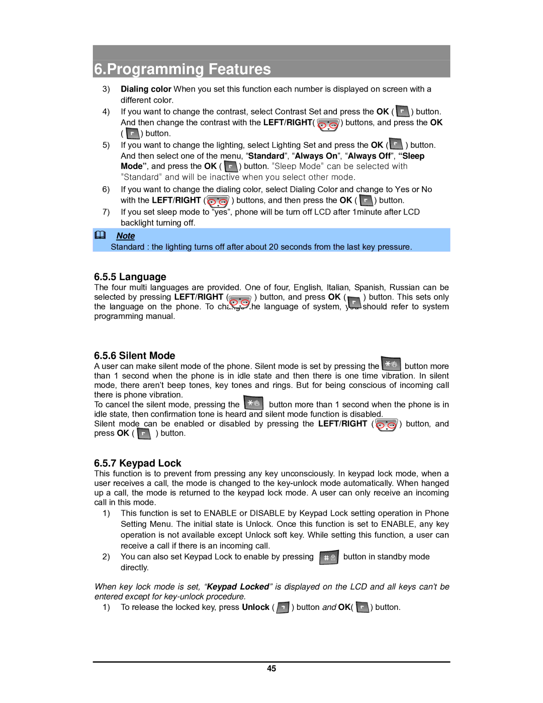 LG Electronics GDC-400 user manual Language, Silent Mode, Keypad Lock 