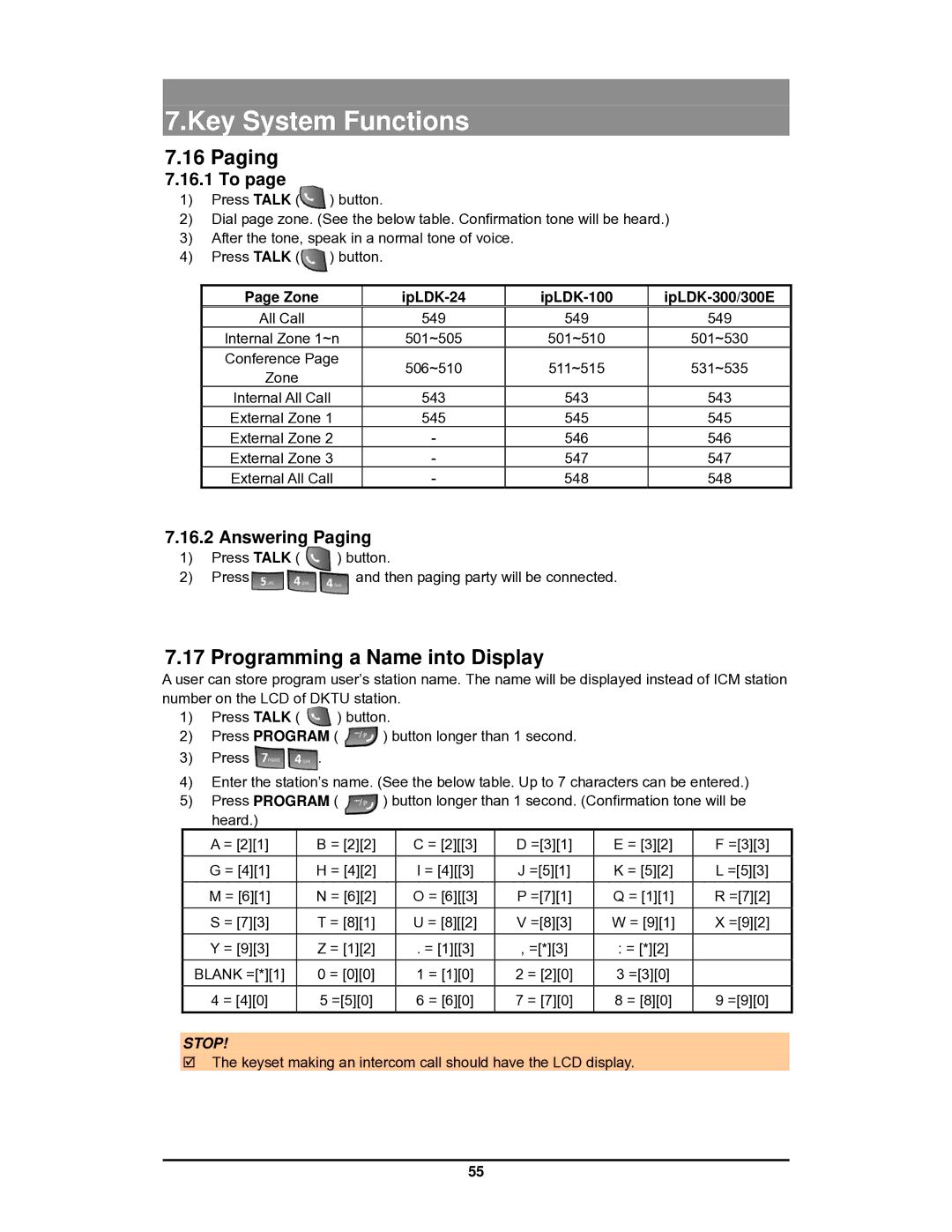 LG Electronics GDC-400 Programming a Name into Display, Answering Paging, Zone IpLDK-24 IpLDK-100 IpLDK-300/300E 