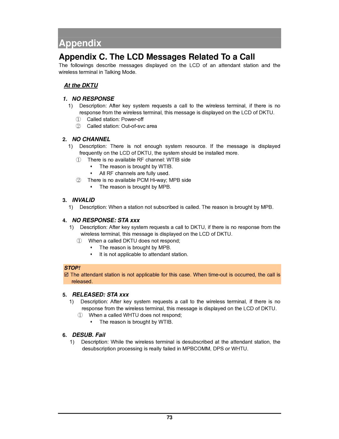 LG Electronics GDC-400 Appendix C. The LCD Messages Related To a Call, At the Dktu, No Response STA, Released STA 