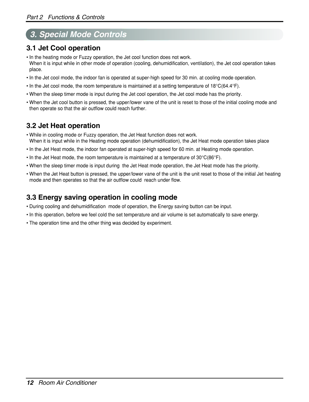 LG Electronics General Wall Mounted-Inverter Type manual Special Mode Controls, Jet Cool operation, Jet Heat operation 