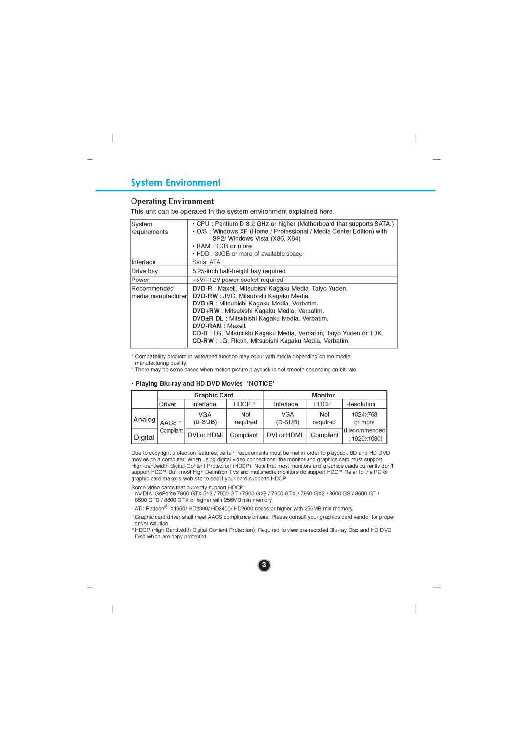 LG Electronics GGC-H20L, GGC-H20N owner manual System Environment, Operating Environment 