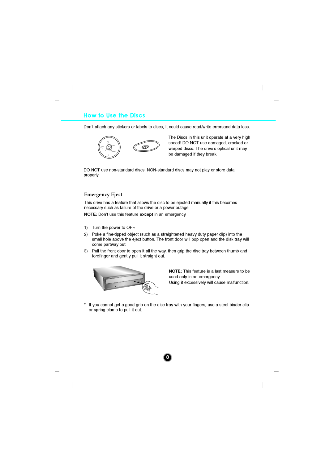 LG Electronics GGC-H20N, GGC-H20L owner manual How to Use the Discs, Emergency Eject 