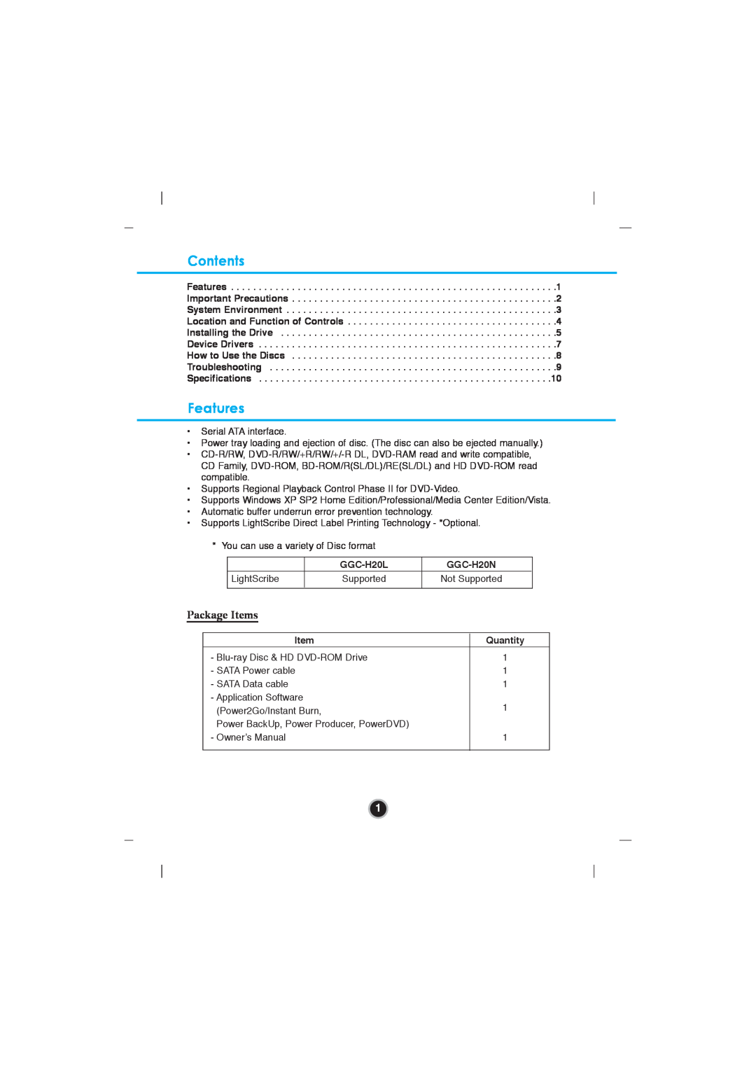 LG Electronics GGC-H20L owner manual Contents, Features, Package Items, GGC-H20N, LightScribe, Quantity 