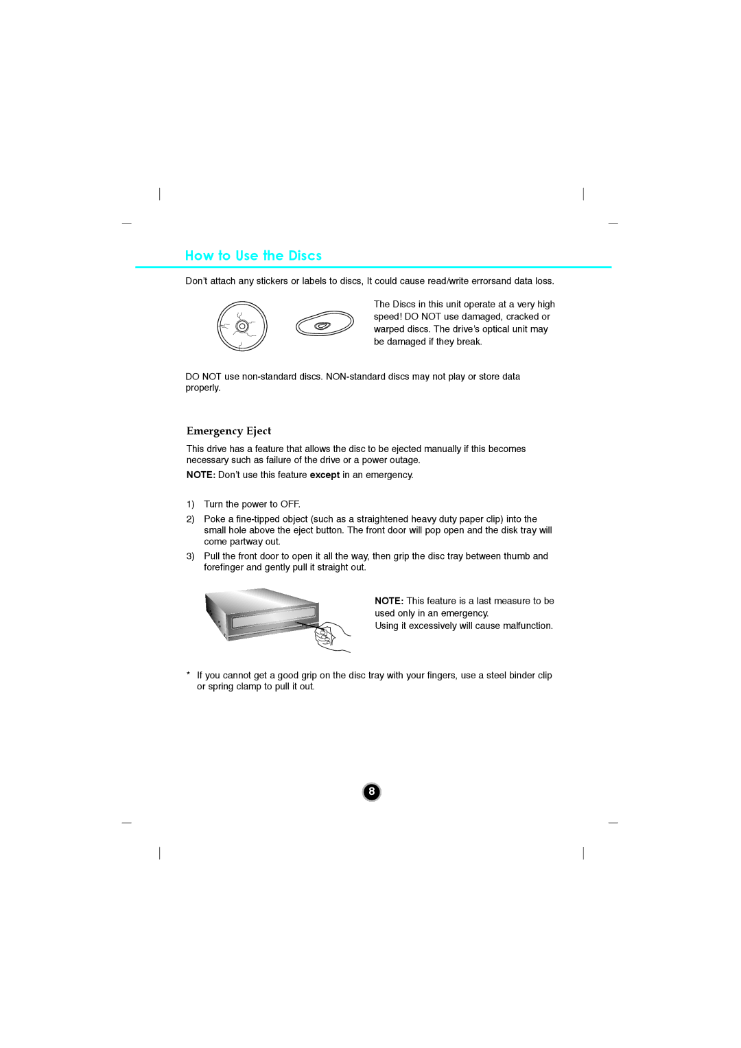 LG Electronics GGW-H20L, GGW-H20N owner manual How to Use the Discs, Emergency Eject 