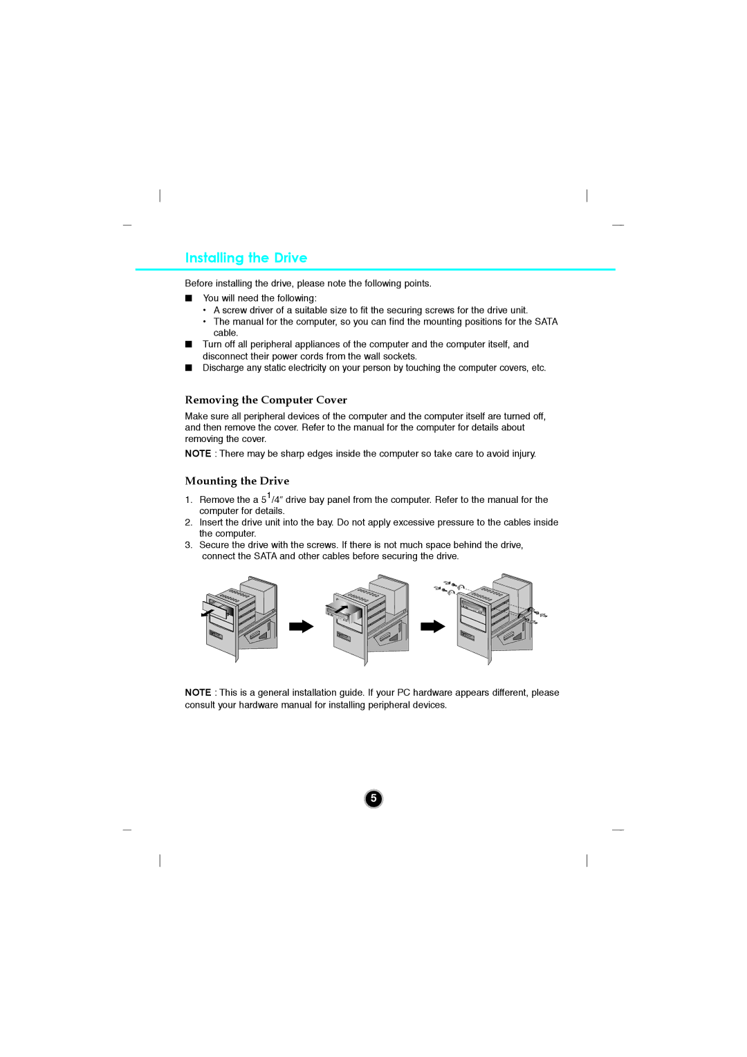 LG Electronics GGW-H20N, GGW-H20L owner manual Installing the Drive, Removing the Computer Cover, Mounting the Drive 