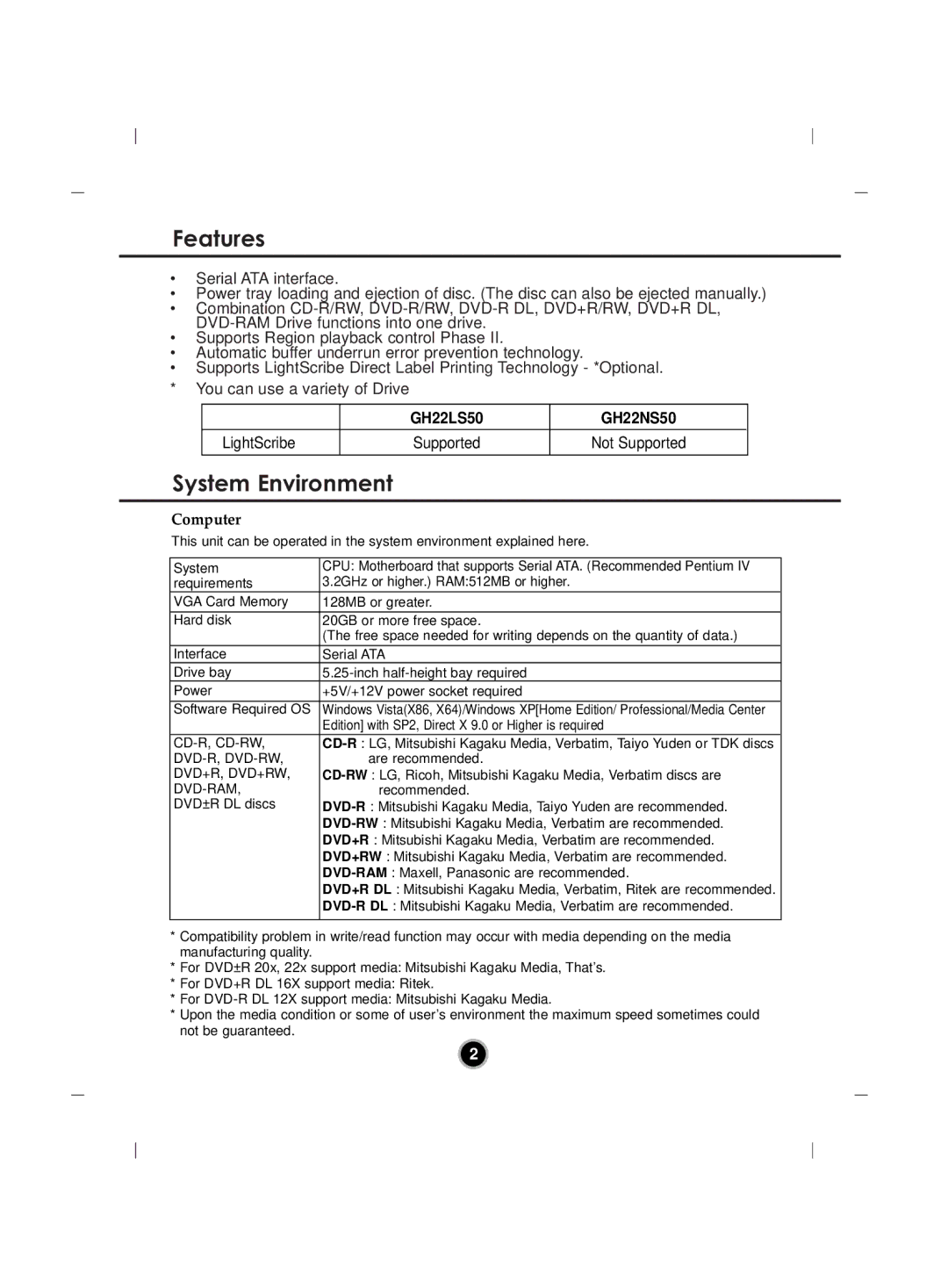 LG Electronics GH22 manual Features, System Environment 