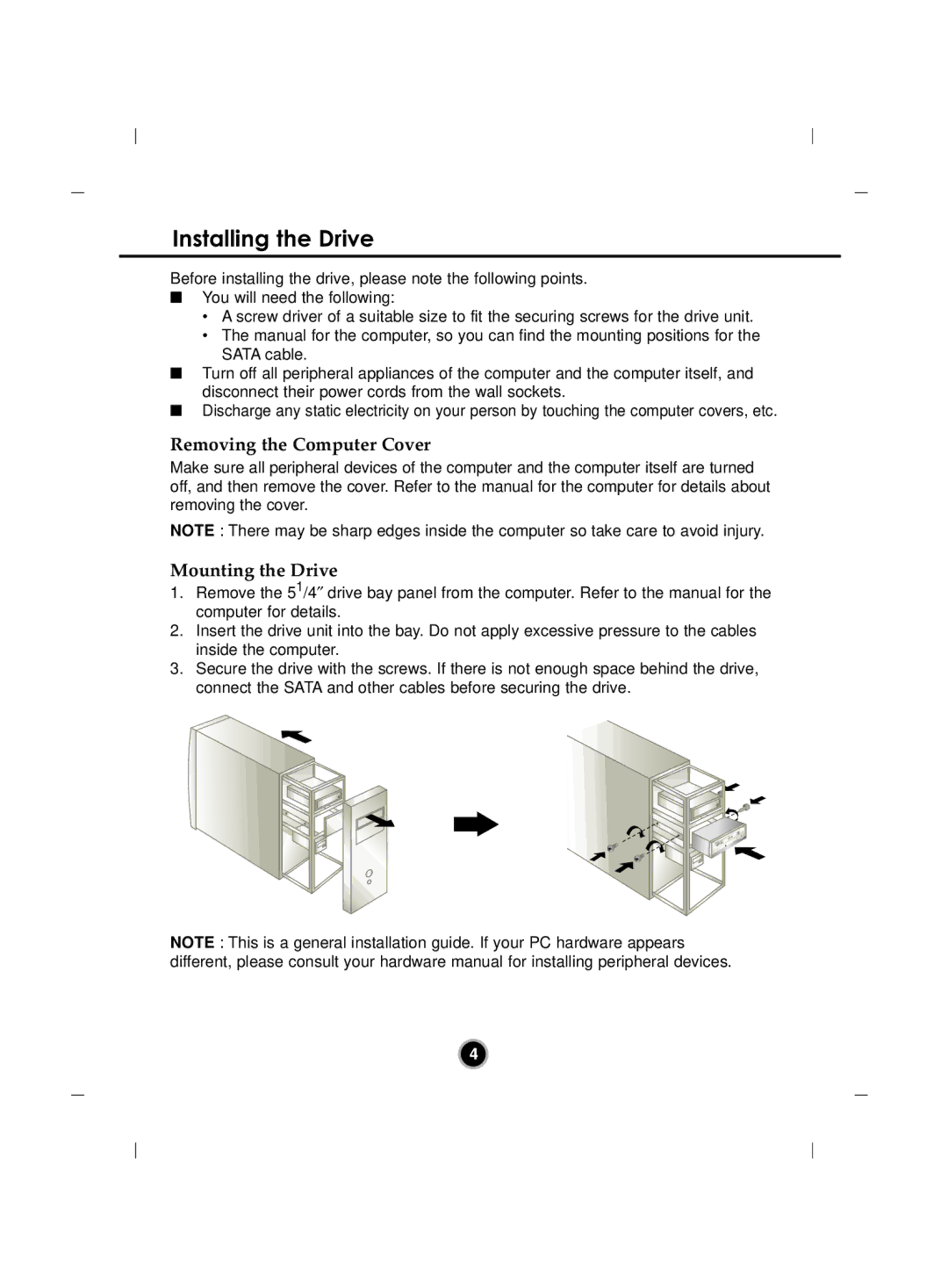 LG Electronics GH22 manual Installing the Drive, Removing the Computer Cover, Mounting the Drive 