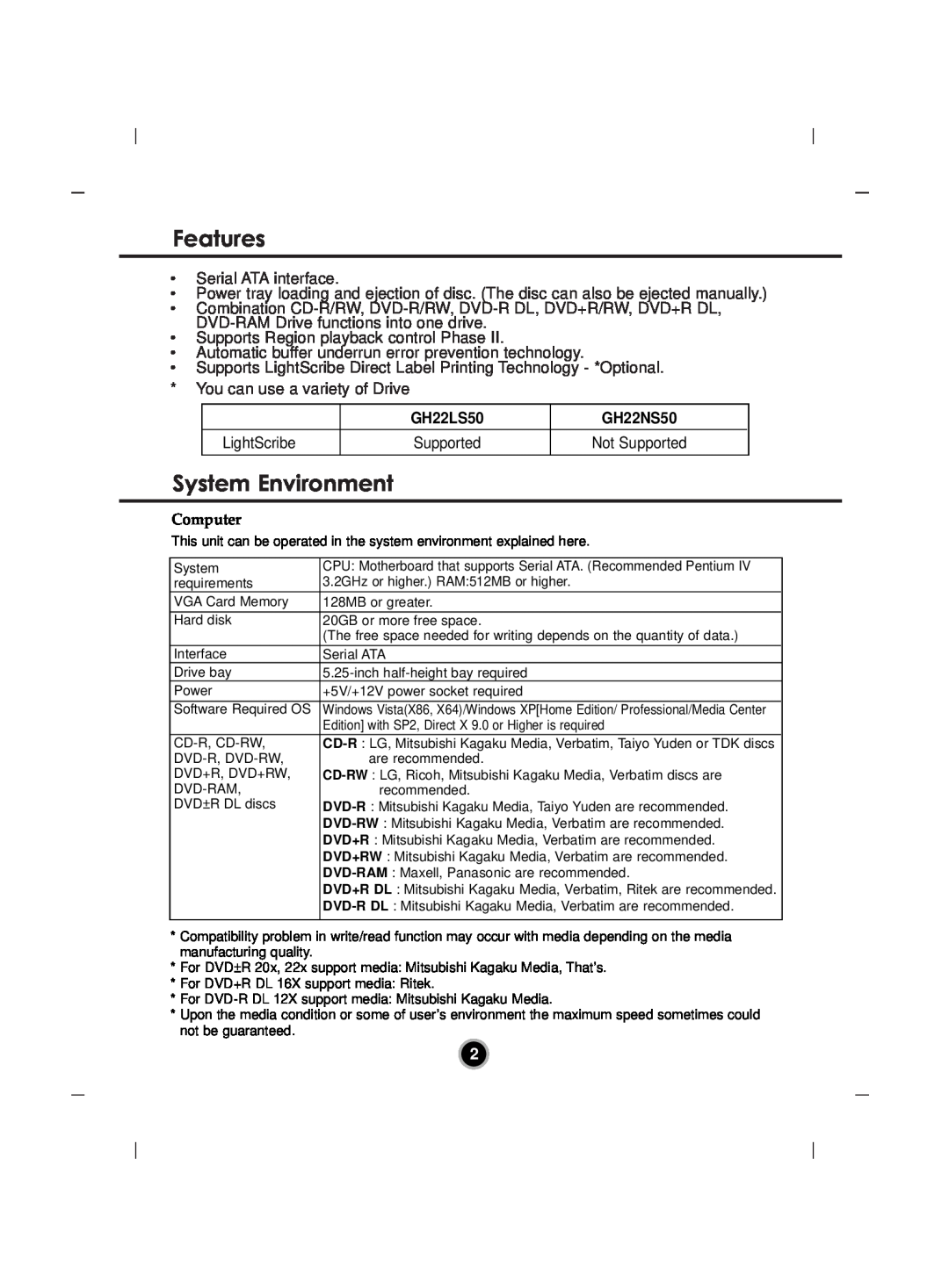 LG Electronics manual Features, System Environment, GH22LS50, GH22NS50, Computer 