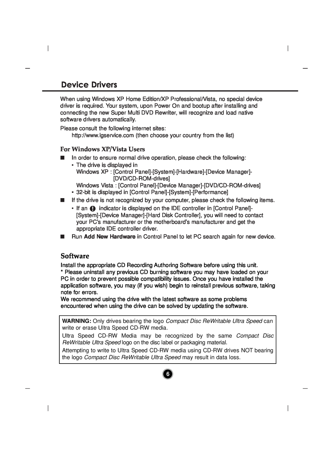 LG Electronics GH22 manual Device Drivers, For Windows XP/Vista Users, Software 