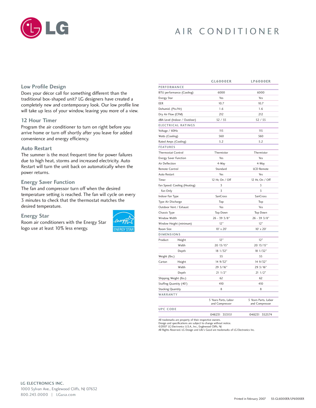 LG Electronics GL6000ER manual Low Profile Design, Hour Timer, Auto Restart, Energy Saver Function, Energy Star 