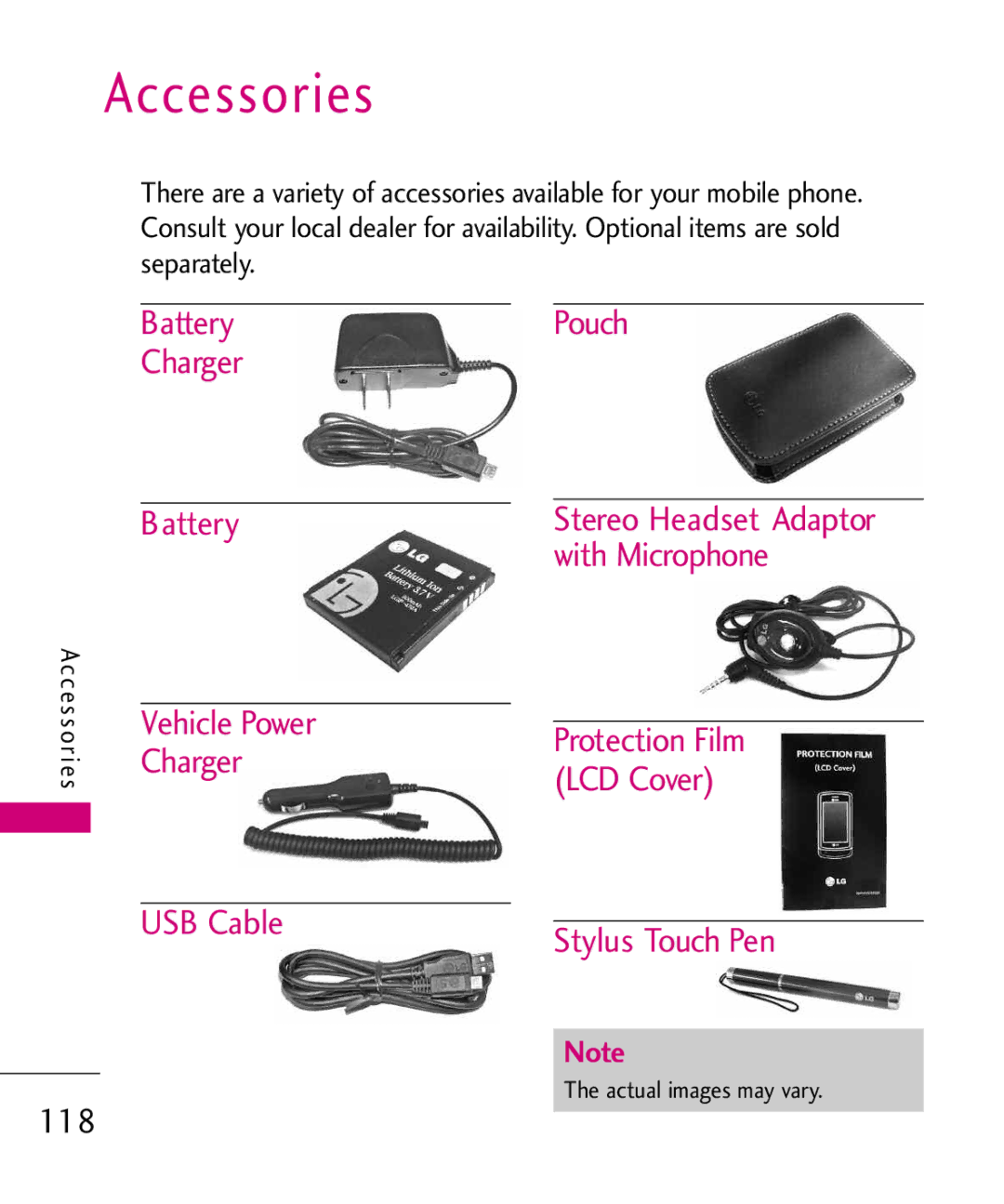LG Electronics Glimmer manual Accessories 