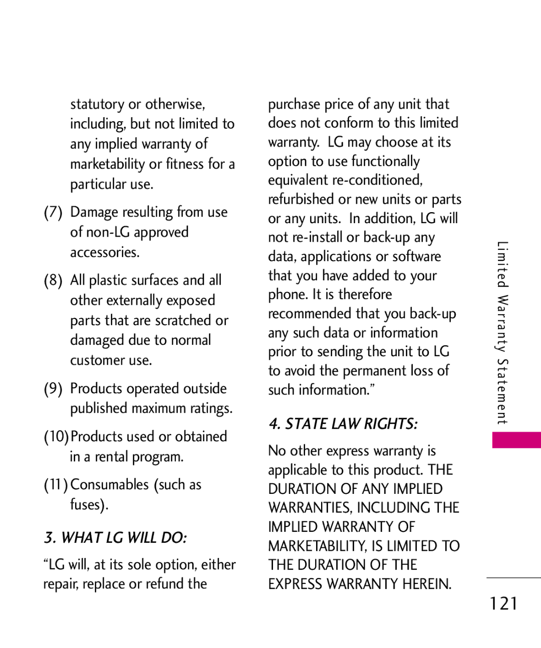 LG Electronics Glimmer manual Damage resulting from use of non-LG approved accessories, 11Consumables such as fuses 