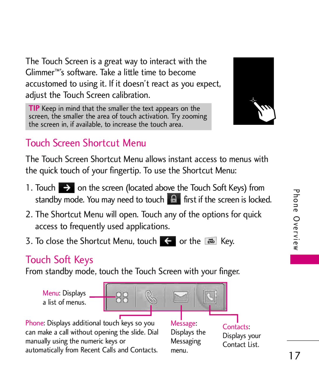 LG Electronics Glimmer manual Touch Screen Shortcut Menu, Touch Soft Keys 