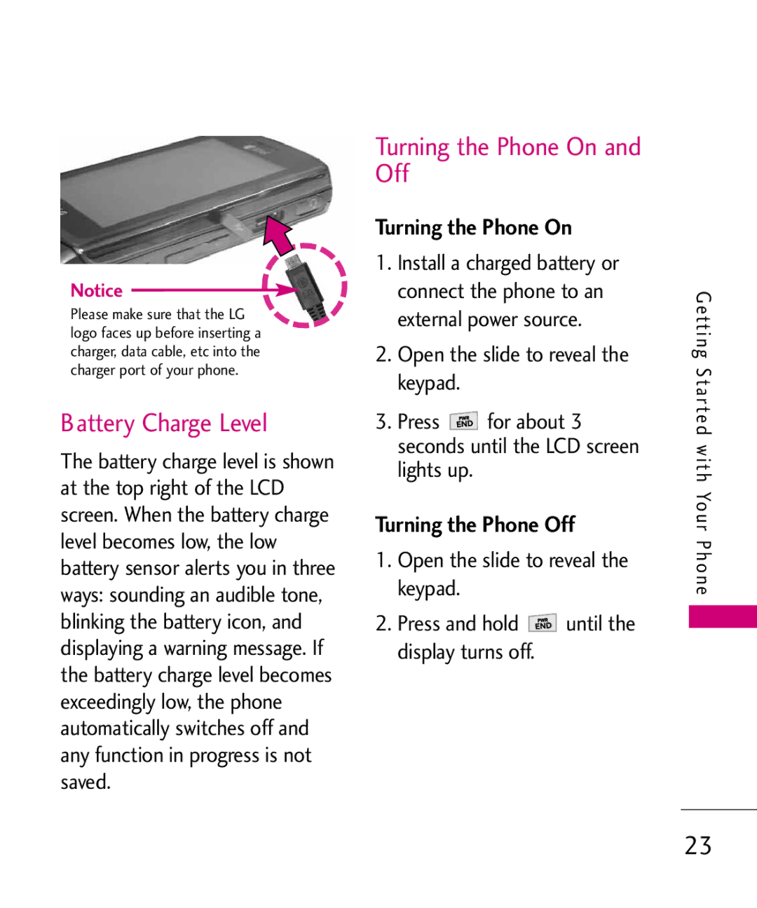 LG Electronics Glimmer manual Battery Charge Level, Turning the Phone On and Off, Turning the Phone Off 