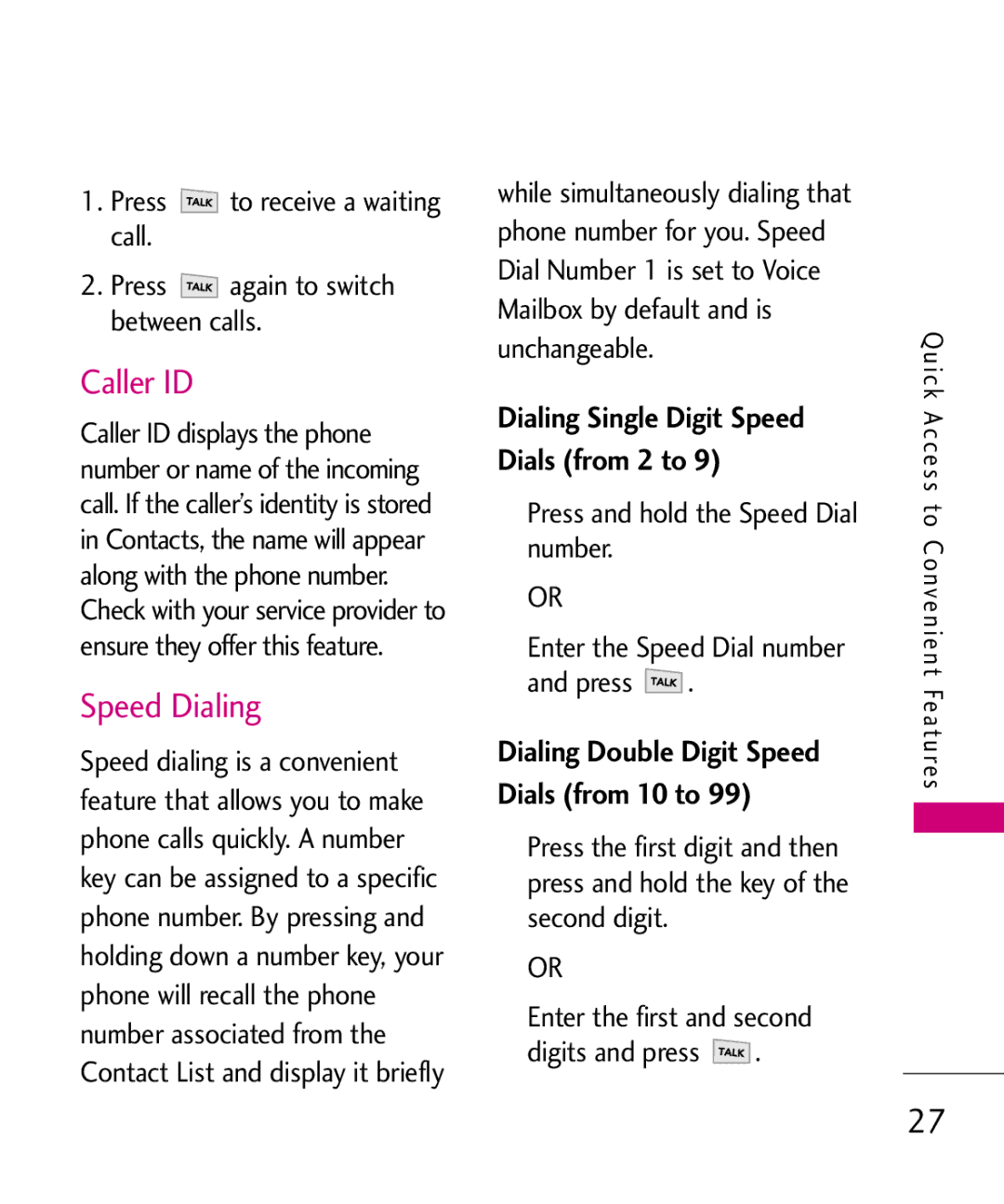 LG Electronics Glimmer manual Caller ID 