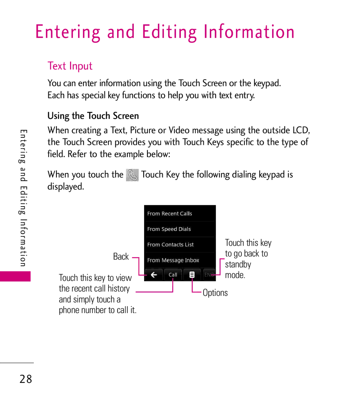 LG Electronics Glimmer manual Entering and Editing Information, Text Input, Using the Touch Screen, Back, Options 