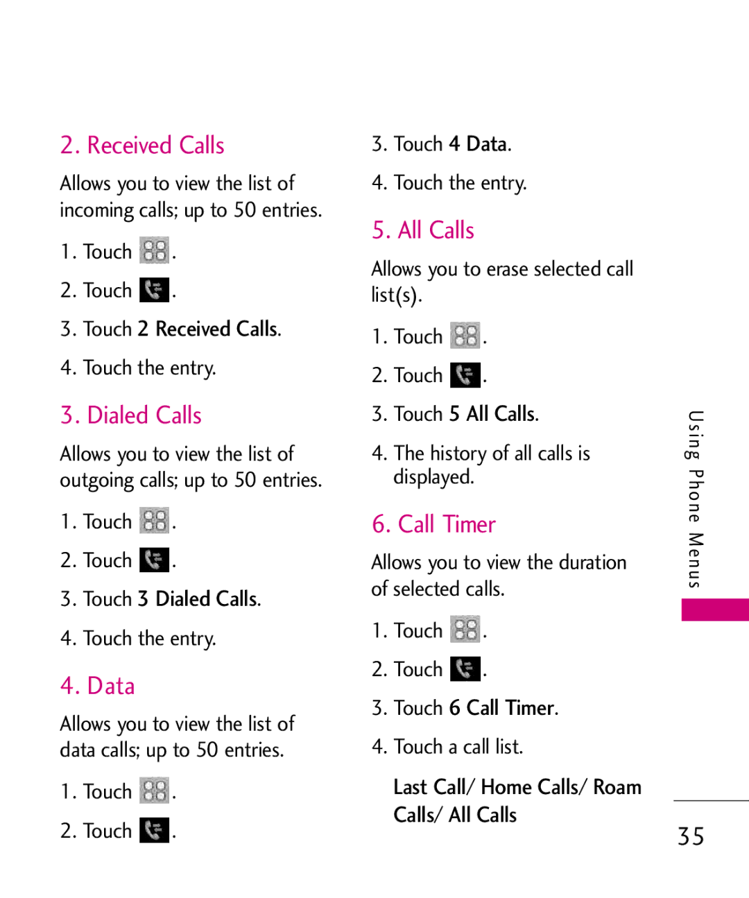 LG Electronics Glimmer manual Received Calls, Dialed Calls, Data, All Calls, Call Timer 