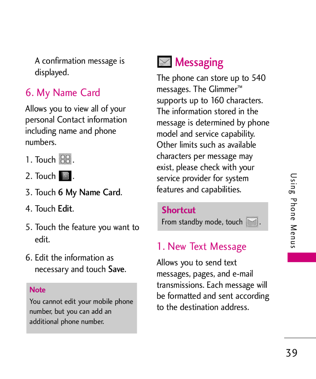 LG Electronics Glimmer manual Messaging, New Text Message, Touch 6 My Name Card 