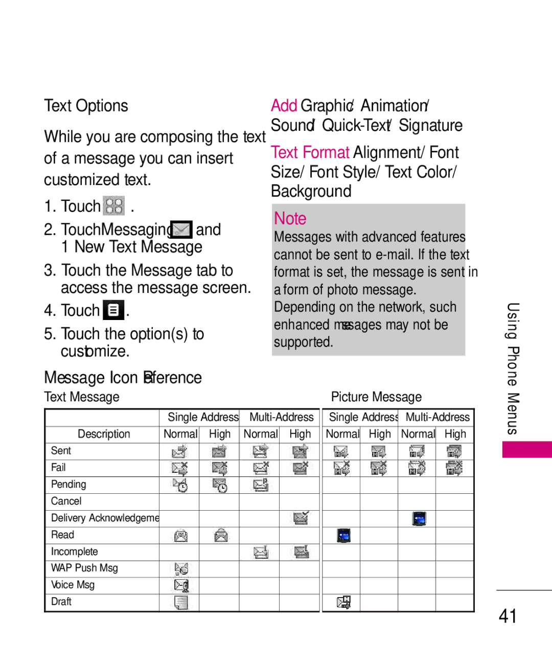 LG Electronics Glimmer manual Text Options, Message Icon Reference, New Text Message, Touch Touch the options to customize 