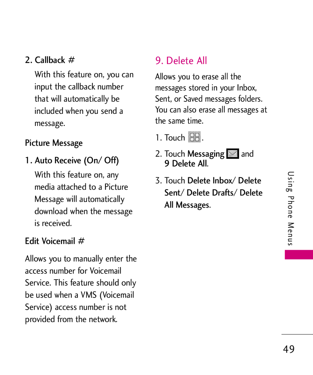LG Electronics Glimmer manual Delete All, Callback #, Picture Message Auto Receive On/ Off, Edit Voicemail #, Messaging 
