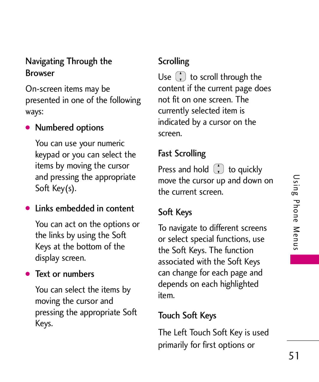 LG Electronics Glimmer manual Navigating Through the Browser, Numbered options, Links embedded in content, Text or numbers 