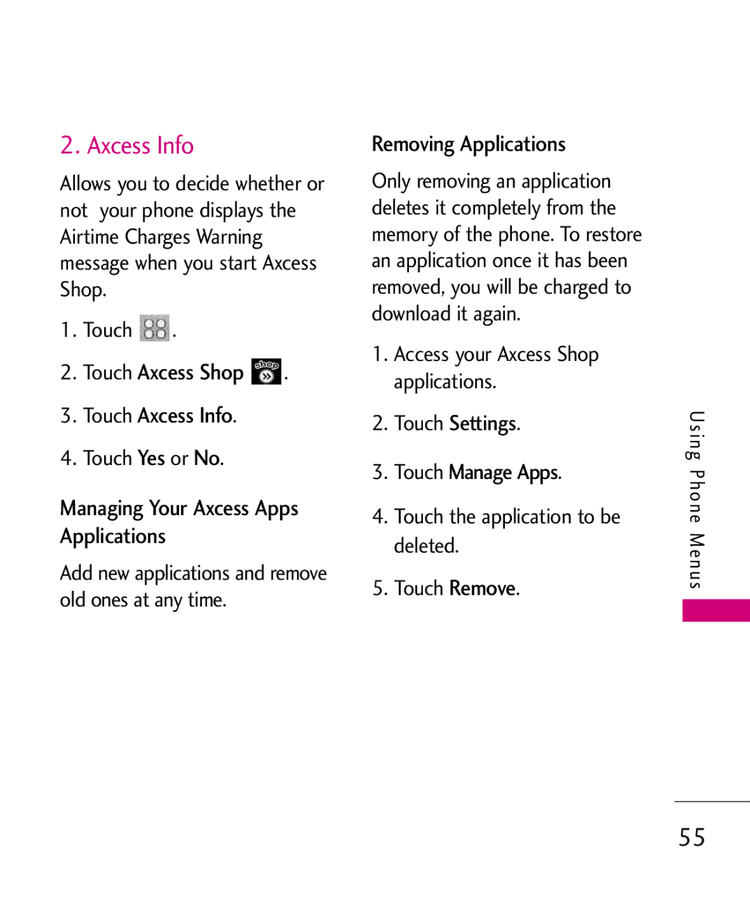 LG Electronics Glimmer manual Axcess Info, Shop, Removing Applications 