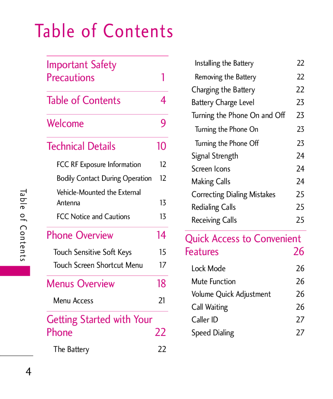 LG Electronics Glimmer manual Table of Contents 