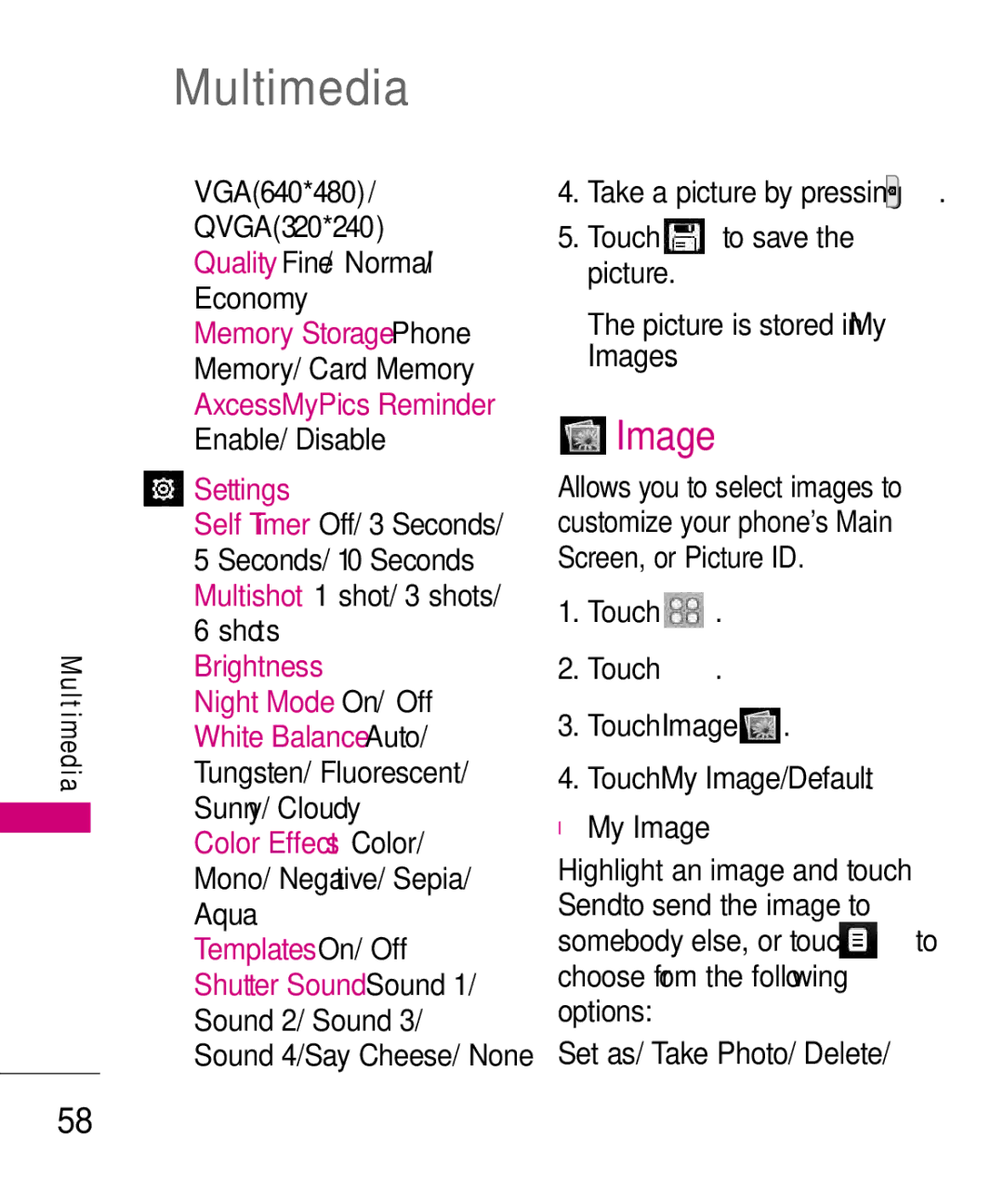 LG Electronics Glimmer manual Multimedia, Image, Set as/ Take Photo/ Delete 