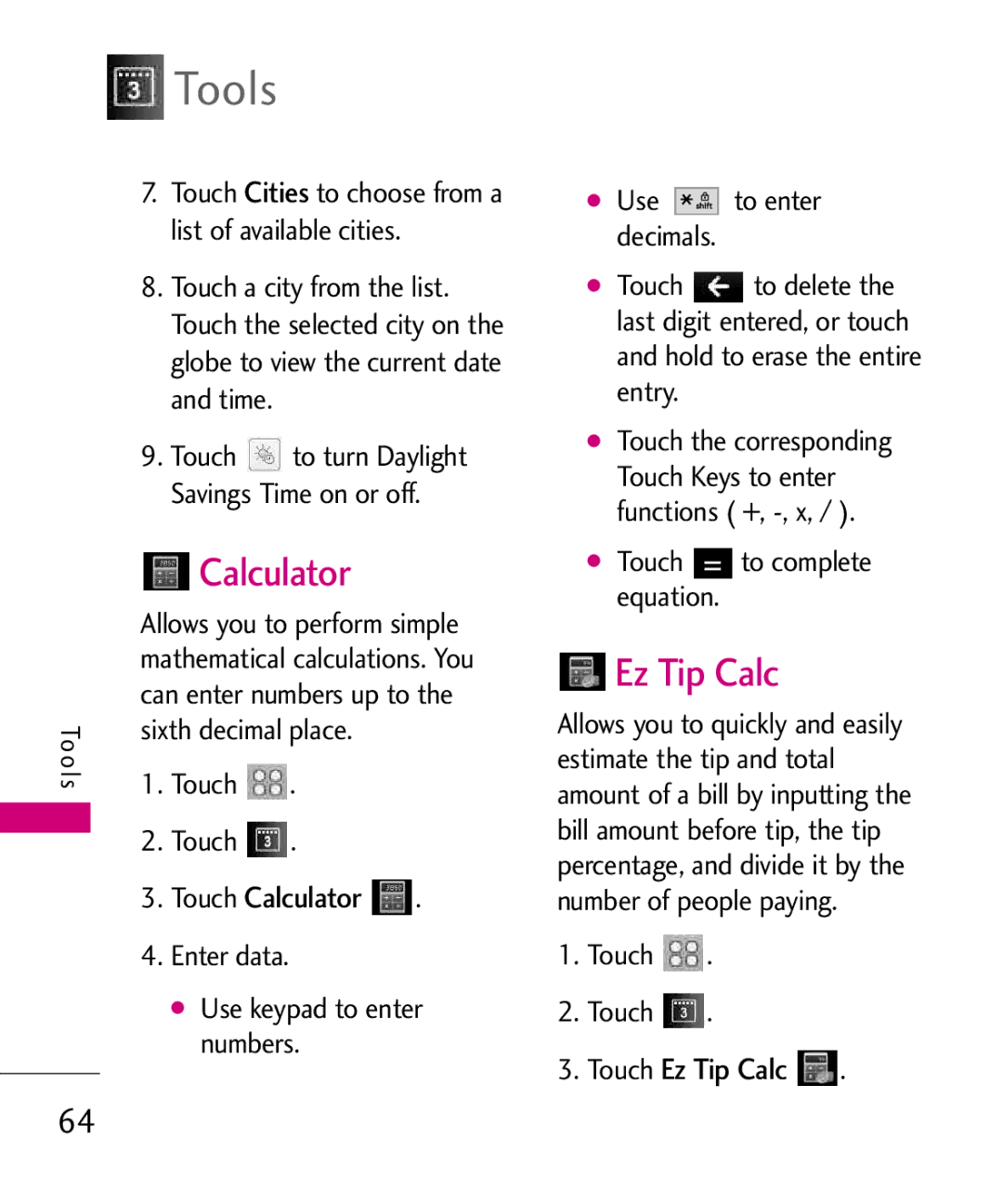 LG Electronics Glimmer manual Tools, Calculator, Touch Ez Tip Calc 