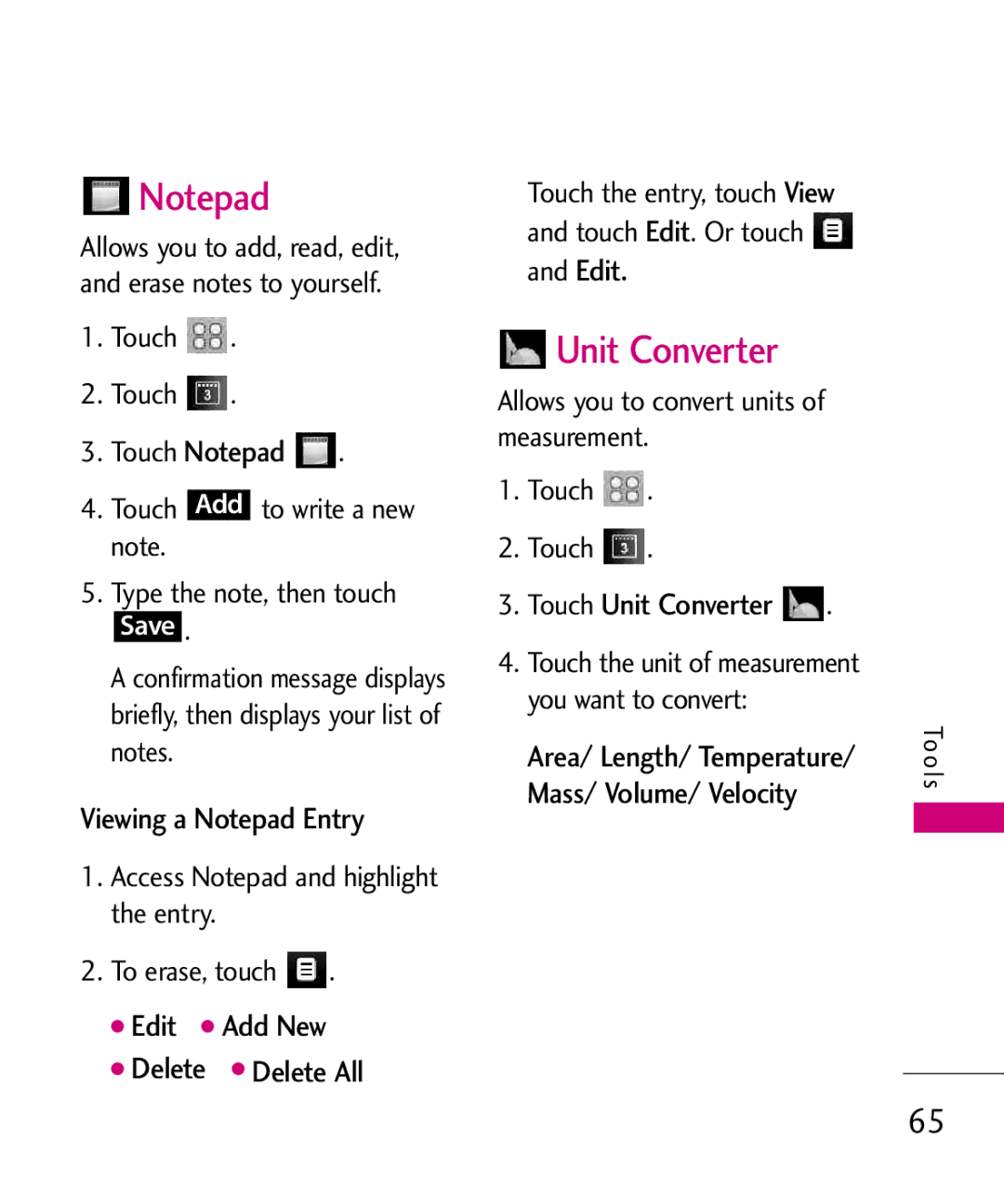 LG Electronics Glimmer manual Unit Converter 