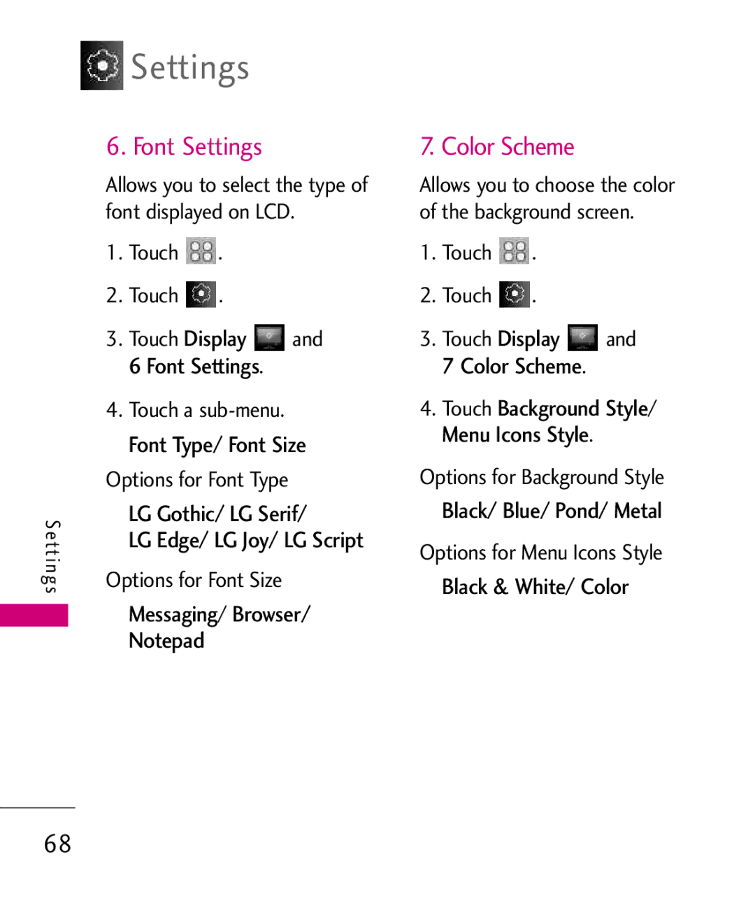 LG Electronics Glimmer manual Font Settings, Color Scheme 