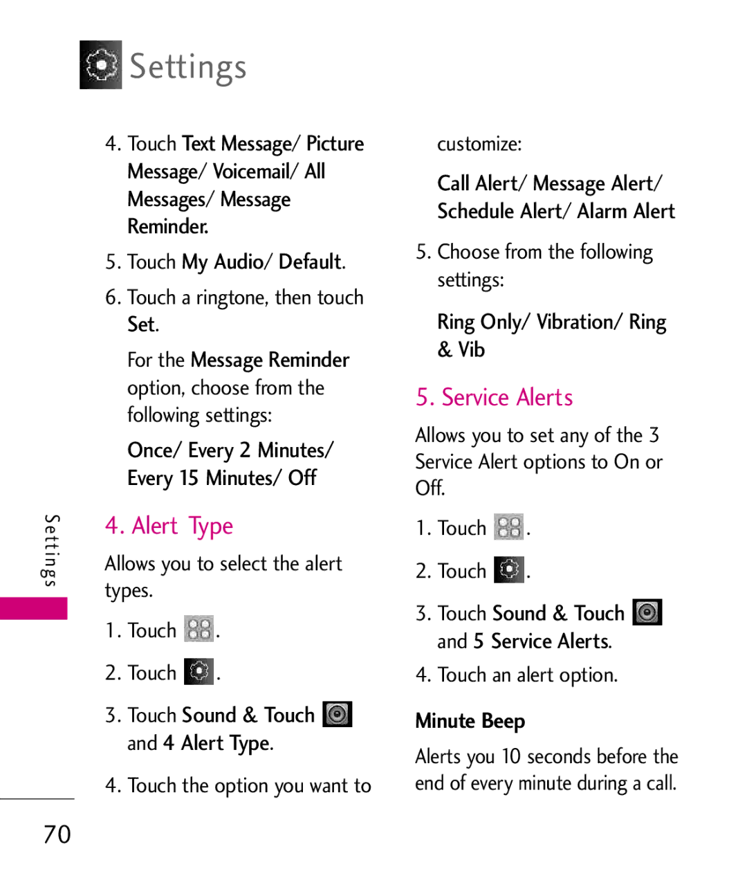 LG Electronics Glimmer manual Service Alerts, Touch4 Alert Type, Minute Beep 