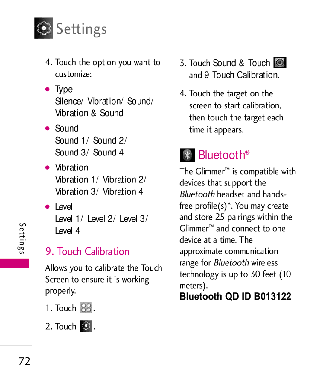 LG Electronics Glimmer manual Touch Calibration, Bluetoothmeters. QD ID B013122 