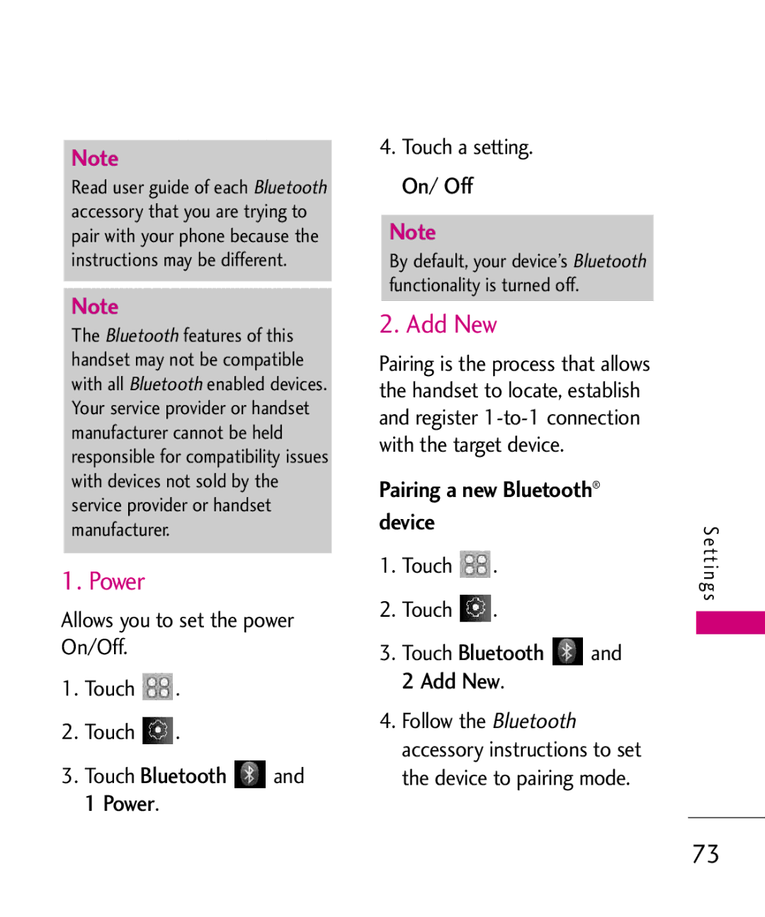 LG Electronics Glimmer Power, Pairing a new Bluetooth device, Touch2 Add New, Allows you to set the power On/Off Touch 