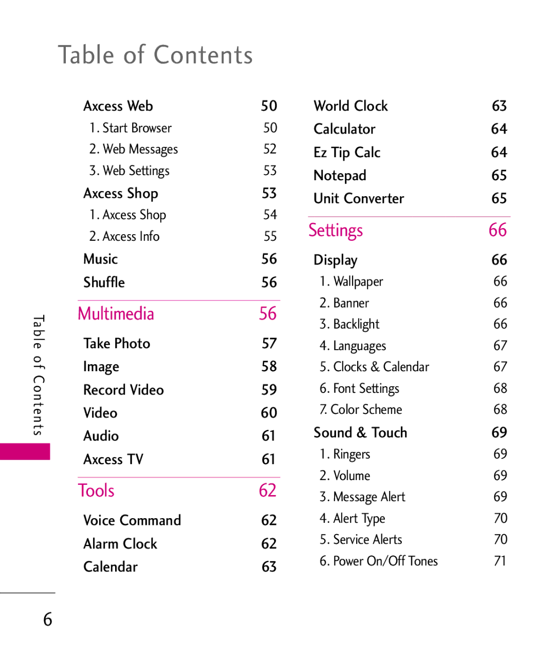 LG Electronics Glimmer manual Table of Contents 