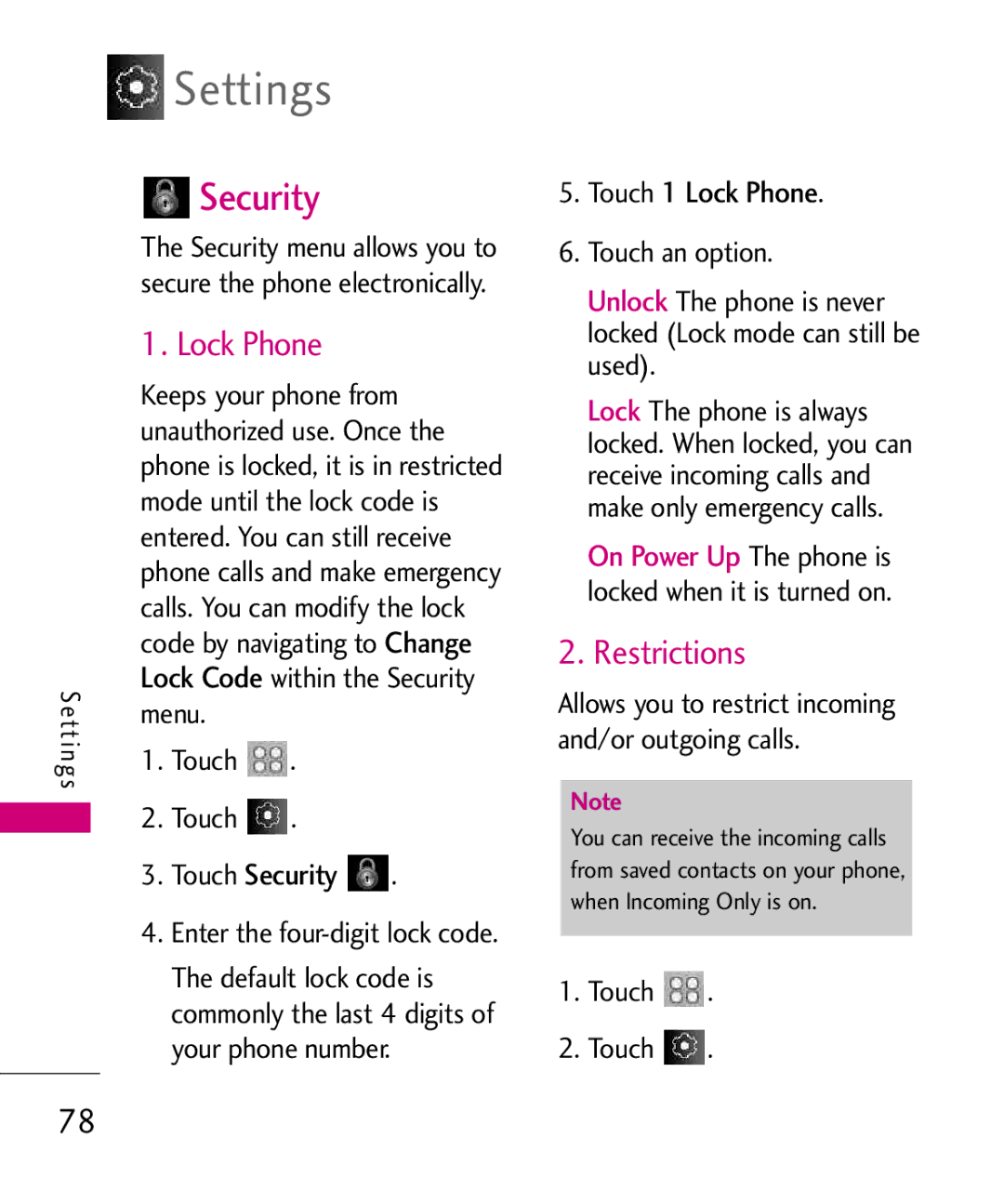 LG Electronics Glimmer manual Security, Restrictions, Code, Touch 1 Lock Phone 
