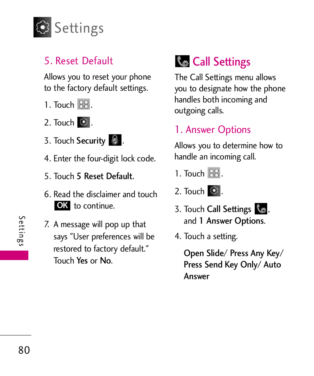 LG Electronics Glimmer manual Call Settings, Reset Default, Answer Options 