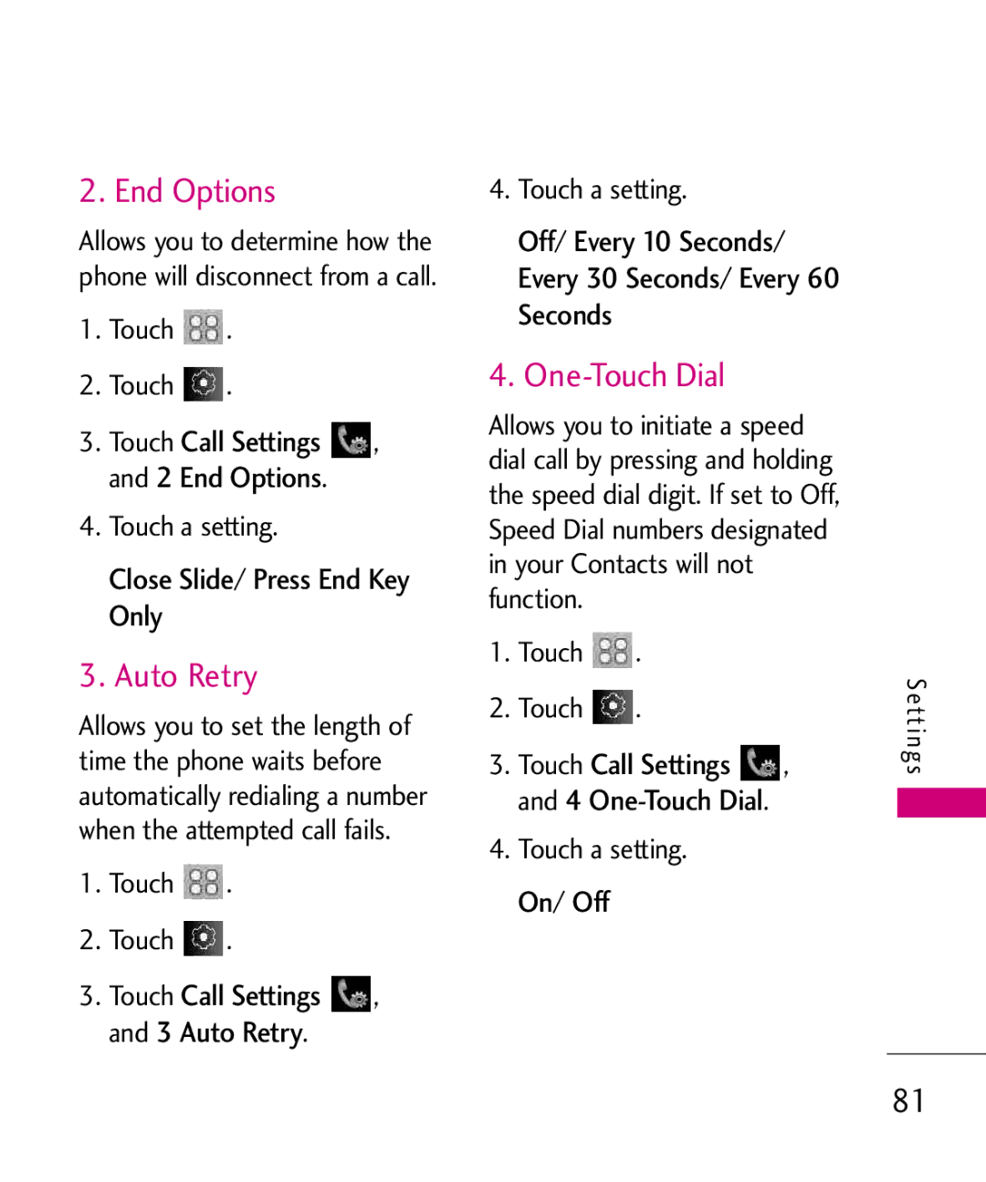 LG Electronics Glimmer manual End Options, Auto Retry, One-Touch Dial, Touch a setting Off/ Every 10 Seconds 