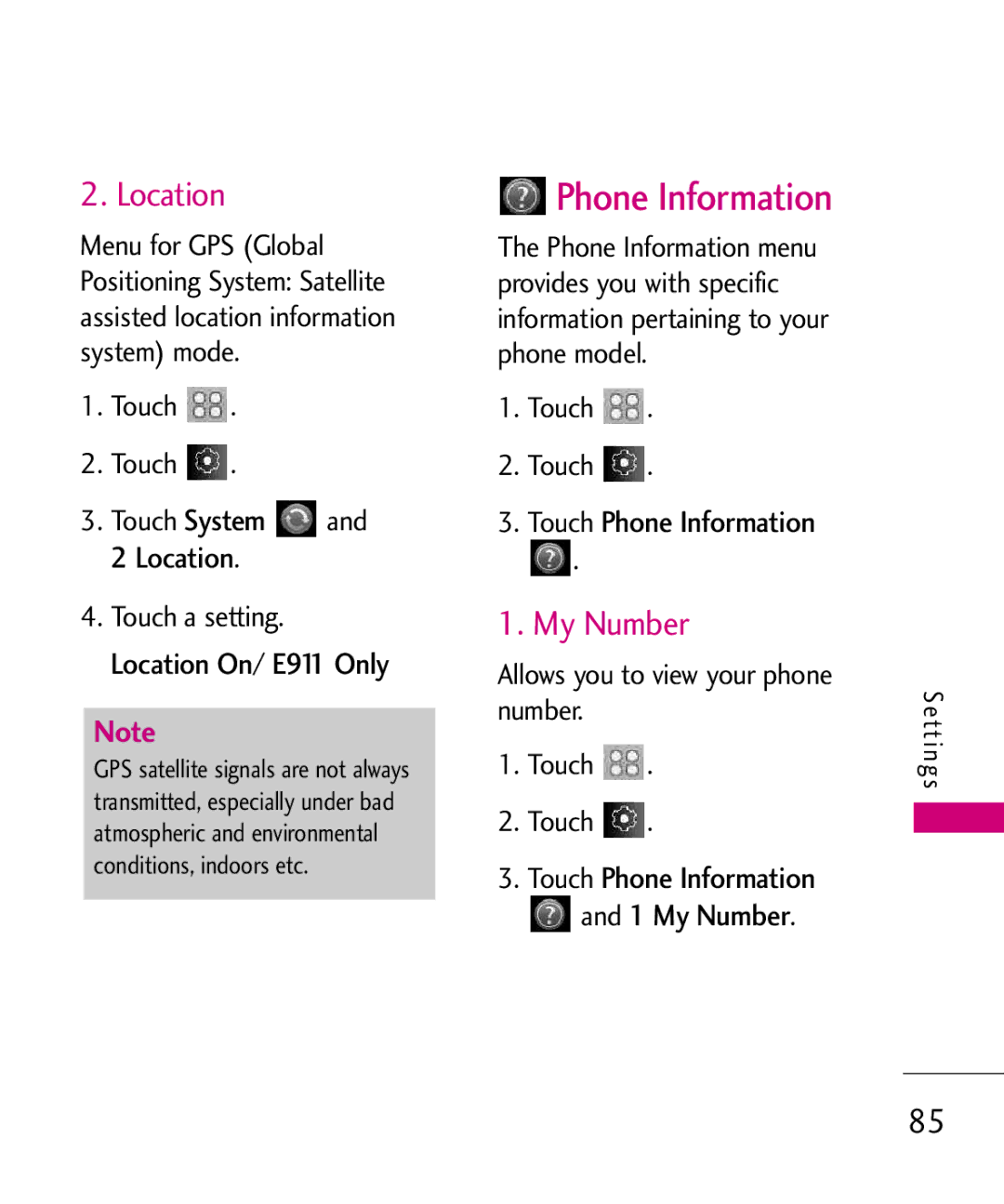 LG Electronics Glimmer manual Location, Touch Phone Information 1 My Number 