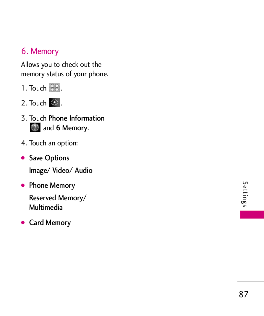 LG Electronics Glimmer Touch Phone Information 6 Memory, Card Memory, Touch an option Save Options Image/ Video/ Audio 