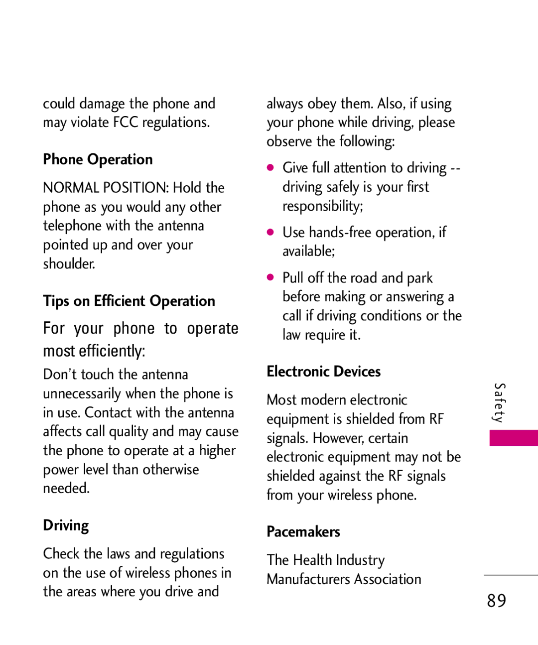 LG Electronics Glimmer manual Phone Operation, Tips on Efficient Operation, Driving, Electronic Devices, Pacemakers 