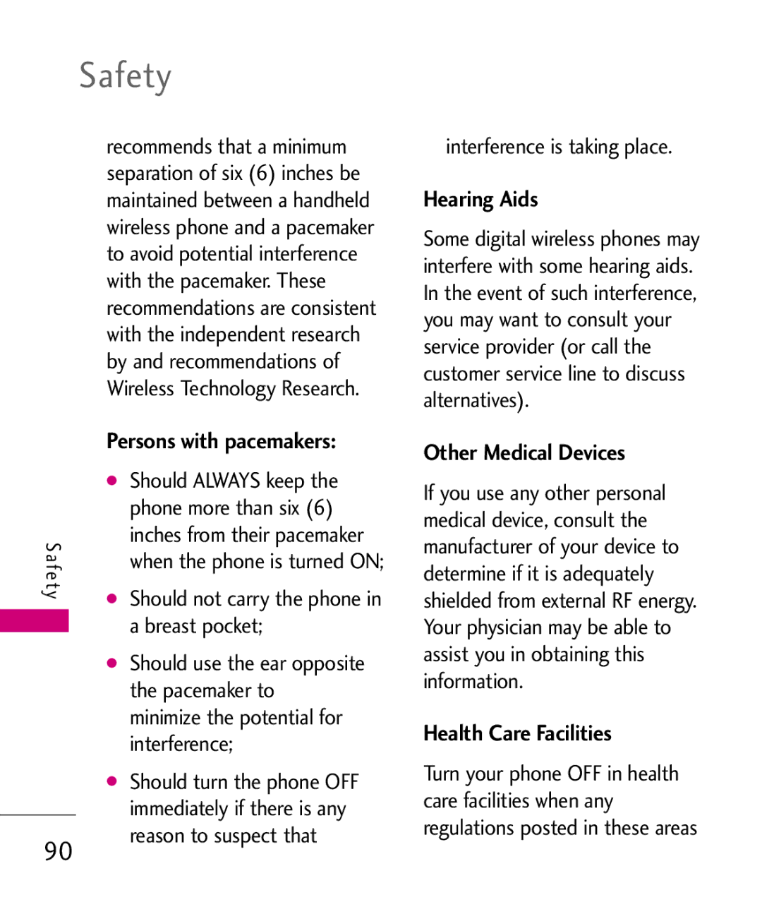LG Electronics Glimmer manual Safety, Persons with pacemakers, Hearing Aids, Health Care Facilities 
